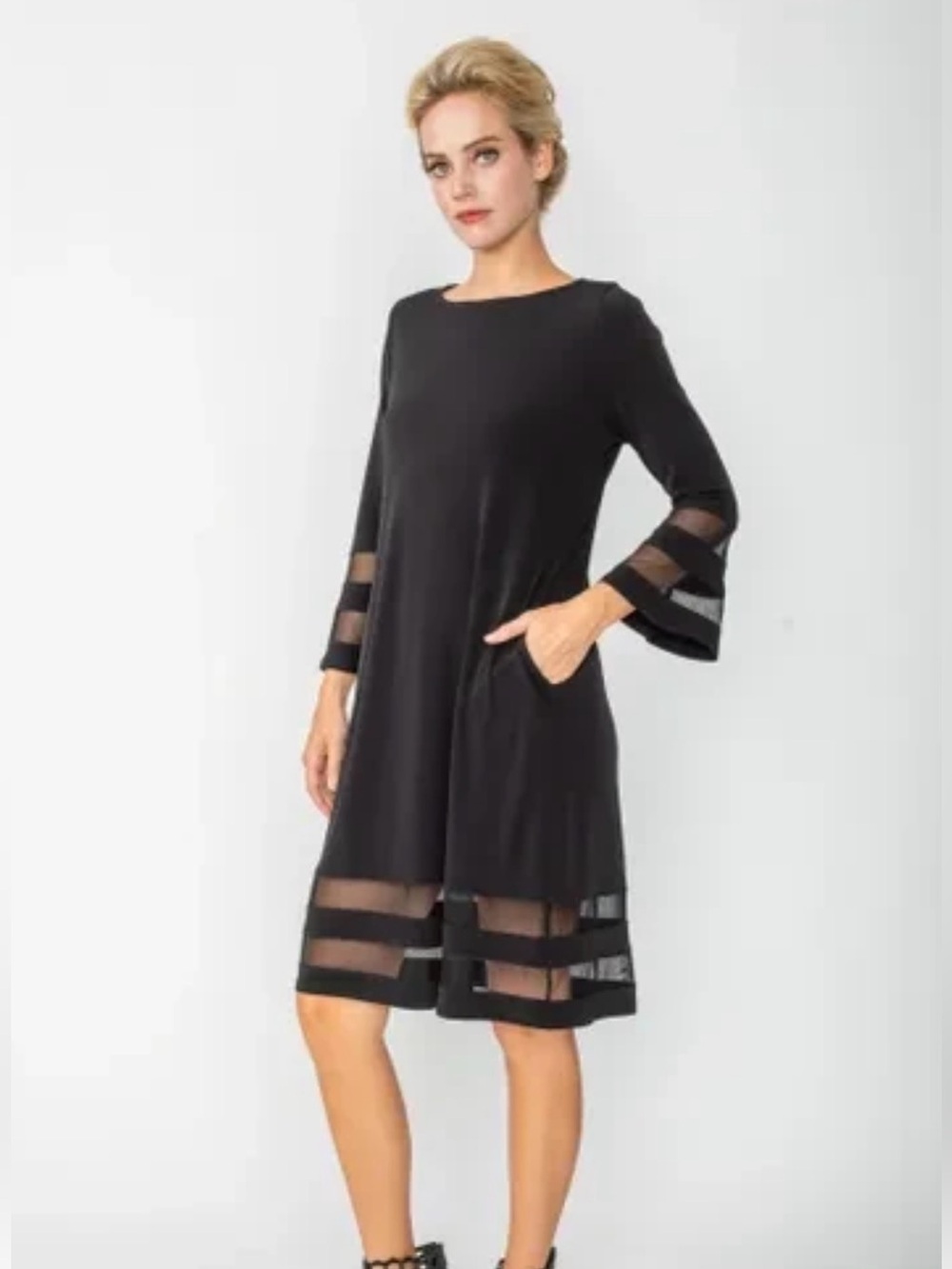 Joseph Ribkoff Mesh Trim A-Line Swing Dress/Tunic In Black Size 6 Bell Sleeves